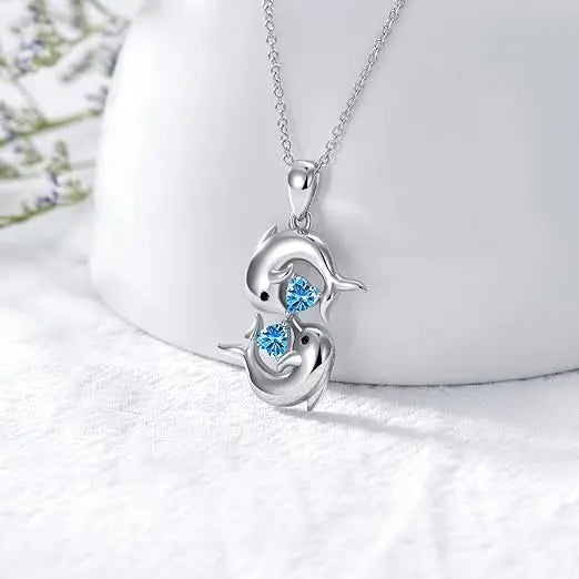 Collier en Argent avec Double Dauphins et Cristal Bleu